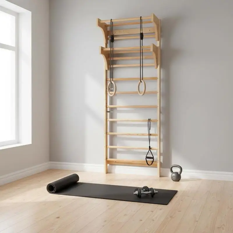 Massivholz-Espalier, 10-stufige schwedische Wandleiter, Tragfähigkeit 99,8 kg, Gymnastik-Espalier mit Klimmzugstange, für Klettern, Indoor-Spielplatz, Krafttraining, Fitness