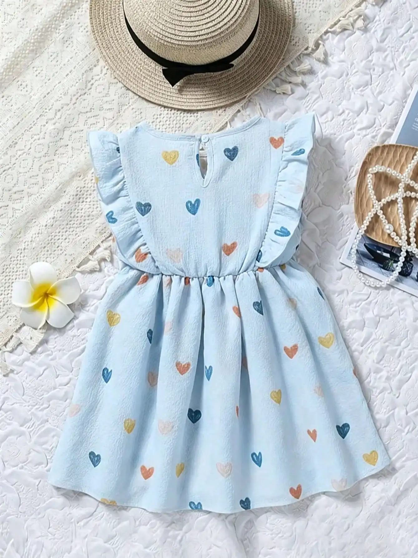 Kinderkleid mit Rüschen, Rundhalsausschnitt, Ärmellos, Herz-Print und Schmetterlingsschleife, Langes, Lockeres Kleid für Mädchen – Detail 9