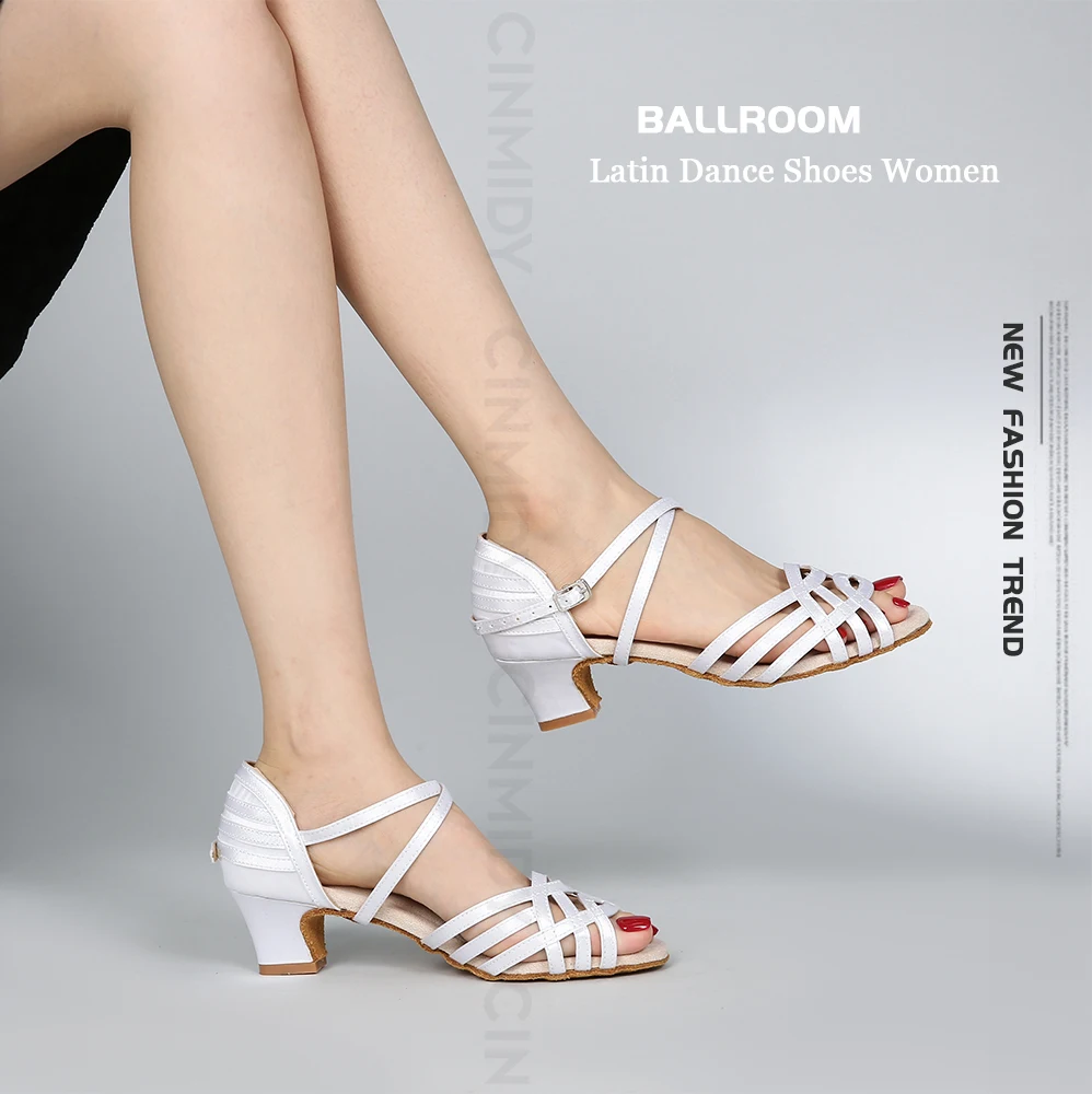 CINMIDY Damen-Satin-Tanzschuhe, weiße Latein-Tanzschuhe, Tango-, Salsa- und Ballsaal-Tanzschuhe mit Absatz, Damenschuhe für Partys. – Detail 1