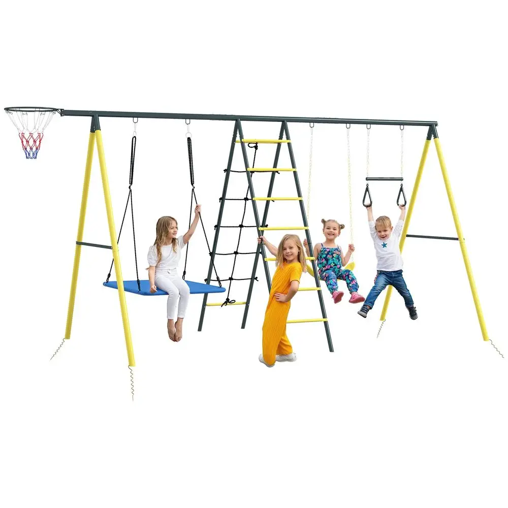 

440 lbs Swing Set for Backyard, 5 in 1 HeavyDuty AFrame Stand Outdoor Playset for Kids, with Saucer Swing, Slide, Swing Seats,