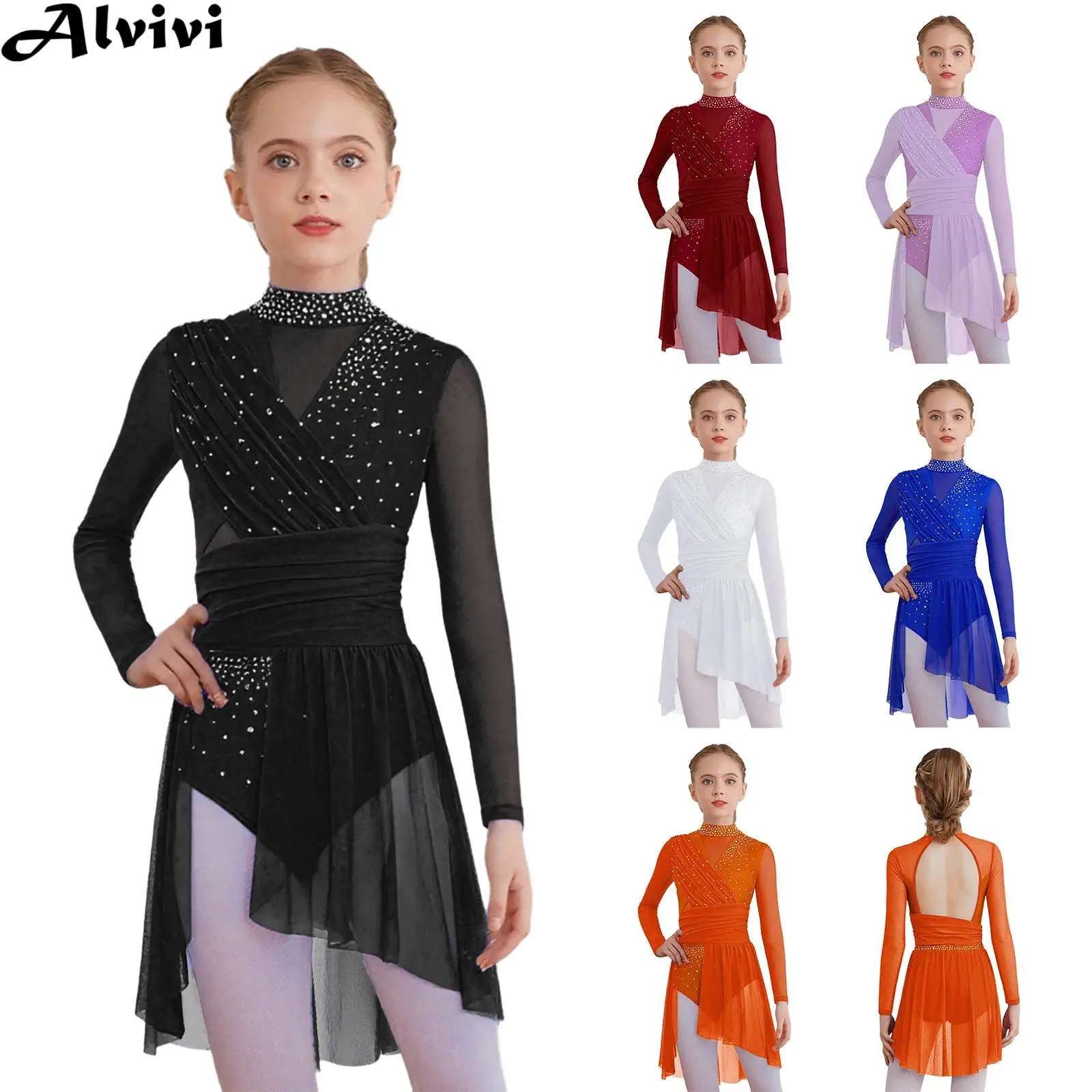 

Children Girls Modern Lyrical Dance Figure Ice Skating Leotard Dress Long Sleeve Shiny Rhinestones Split Sheer Mesh Dancewear