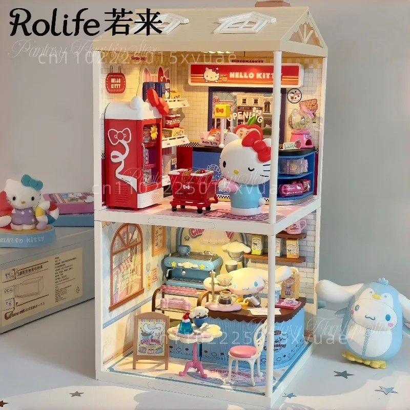 New Rolife Sanrio Building Blocks Hello Kitty Supermarket Cinnamoroll Coffee Shop Assembly Model Toy Ornament Girl Birthday Gift