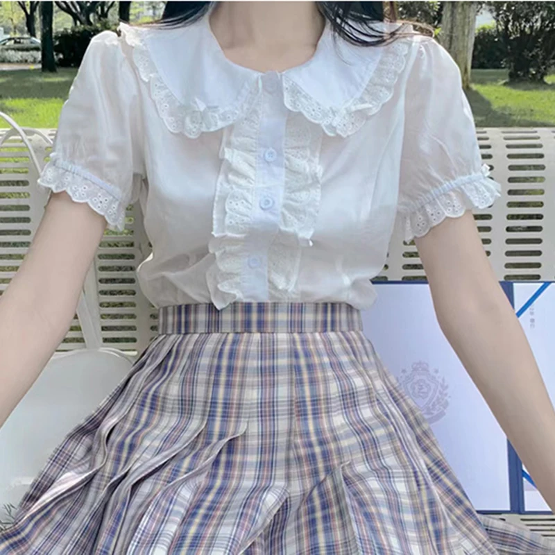 Y2K Women White Short Kawaii Bow Lace Up Patchwork Ruffles Female Short Blouse Korean New Peter Pan Collar Button Ladies Top