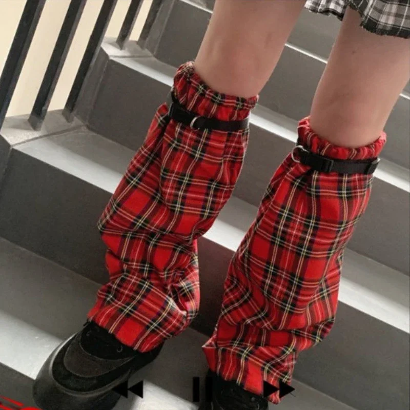 Women Red Plaid Print Sweet Leg Warmers Y2K Style Lady Streetwear Fashion Costume Foot Sleeve Harajuku PU Strap Summer Socks