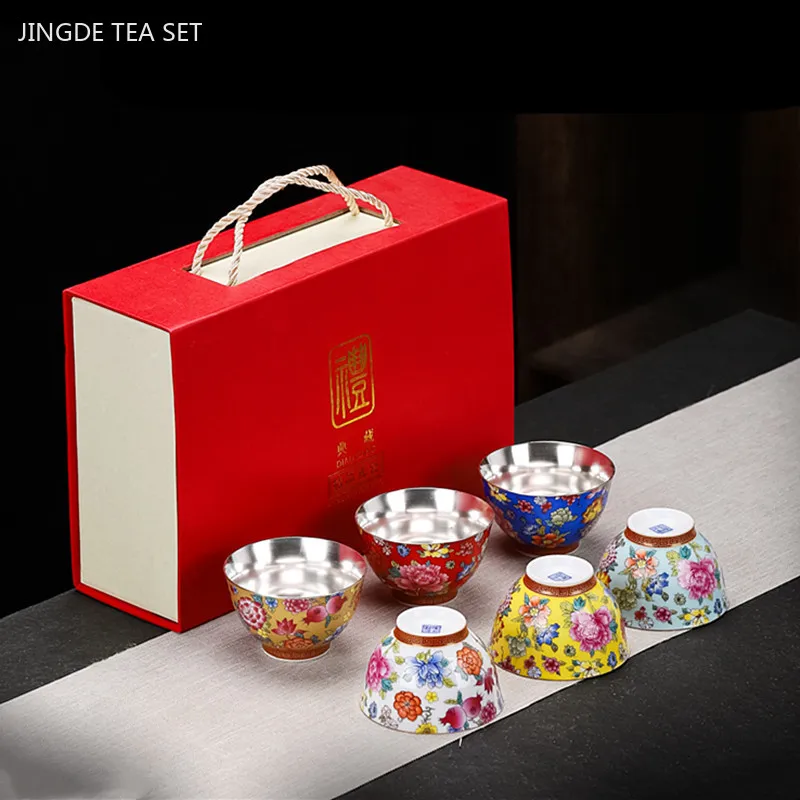 6pcs/90ml Hand-silver Plated Ceramic Teacup Set Exquisite Enamel Master Cup Home Beauty Teacup Bring A Gift Box Set