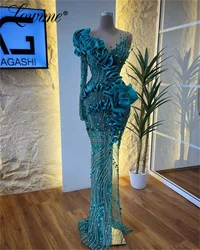 Aso Ebi Ruffles Prom Dresses Beaded Crystals Arabic Evening Dress Party Second Reception Birthday Engagement Gowns Long Sleeve