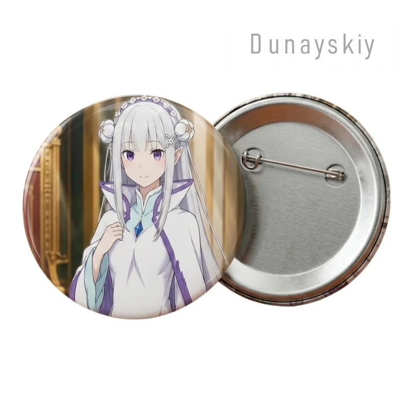 RE0 Emilia Badge 58mm Knight Coronation Gown Round Tin Badge Metal Lapel Pin Badge HD Printing Cosplay Halloween Anime Fans Cos