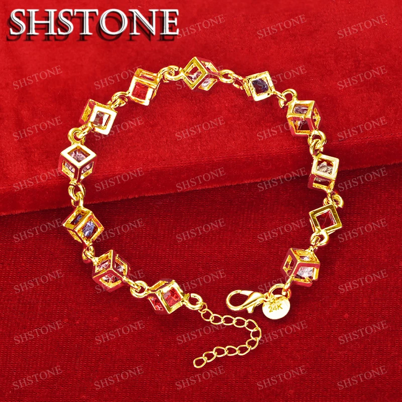 

SHSTONE 18K Gold Colored Zircon Crystal Grid Bracelets Lady Lattice Hand Chain For Woman Party Wedding Fashion Charm Jewelry