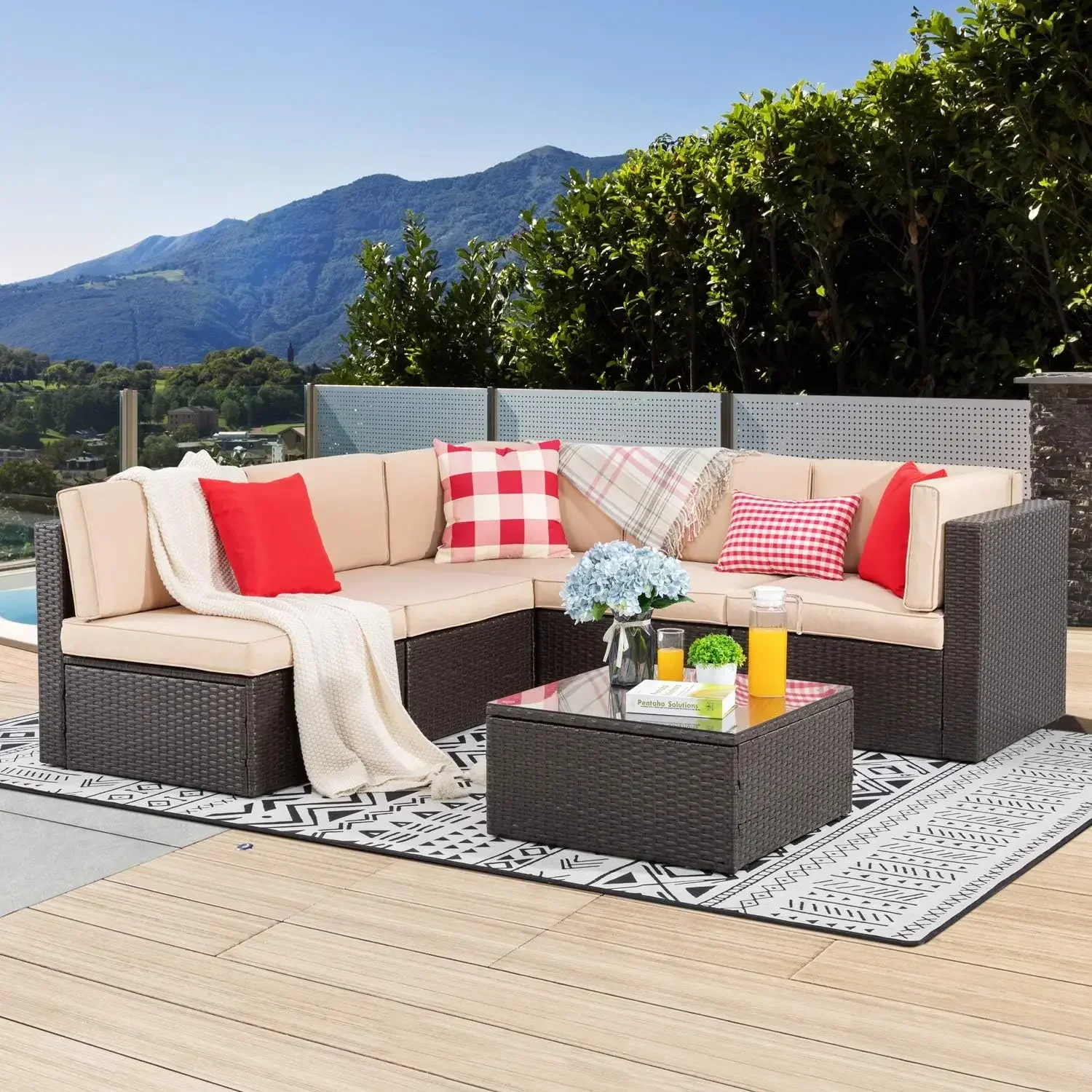 6 Piece Patio Furniture Set, Small Outdoor Sectional Sofa Couch, All Weather PE Wicker L-Shaped Corner Garden, Beige