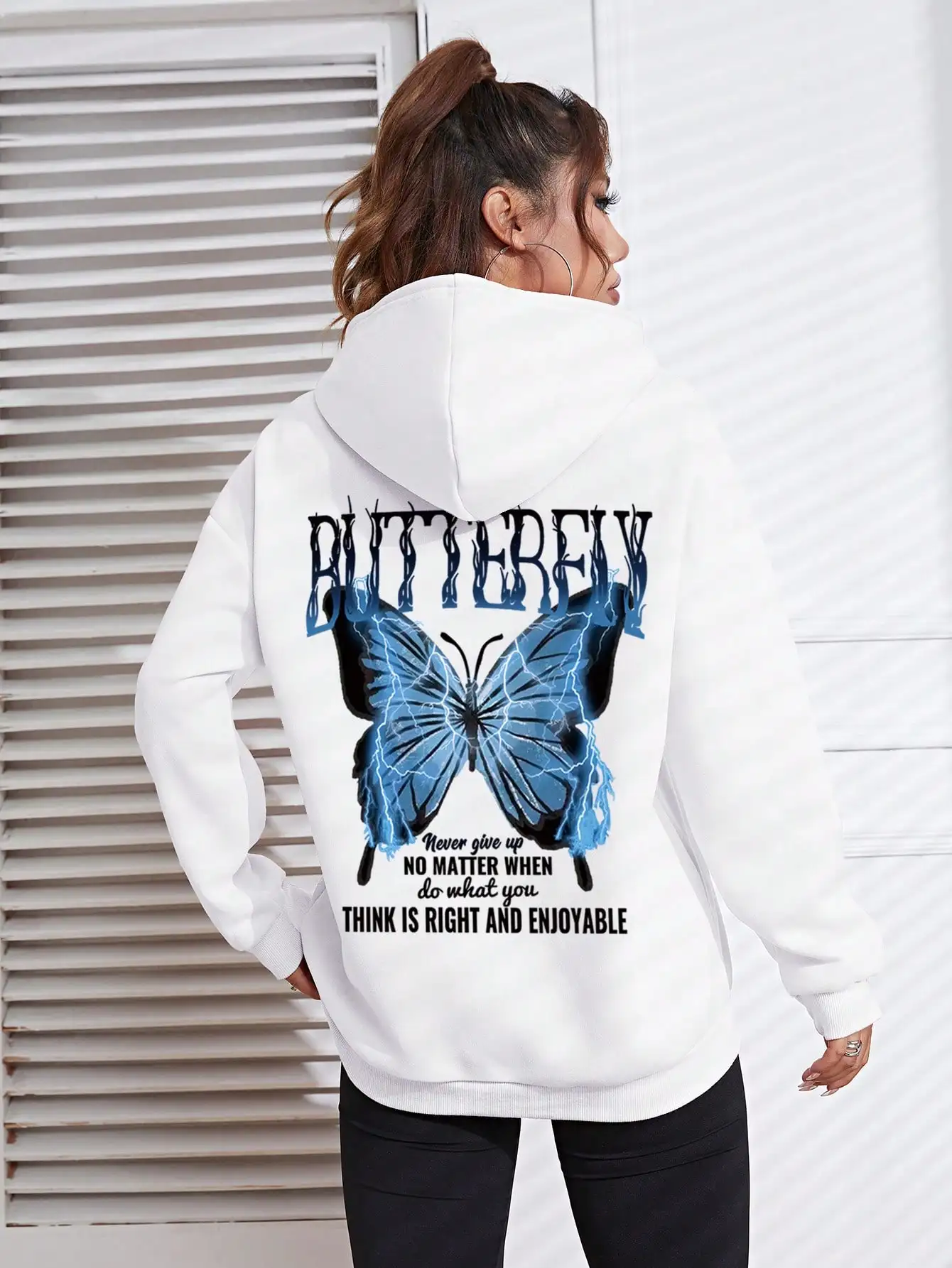 Blue Lightning Butterfly Creative Word Printed Hoody Female Cofortable Pocket Sweatshirt Loose Soft Hooded Casual Sportswears