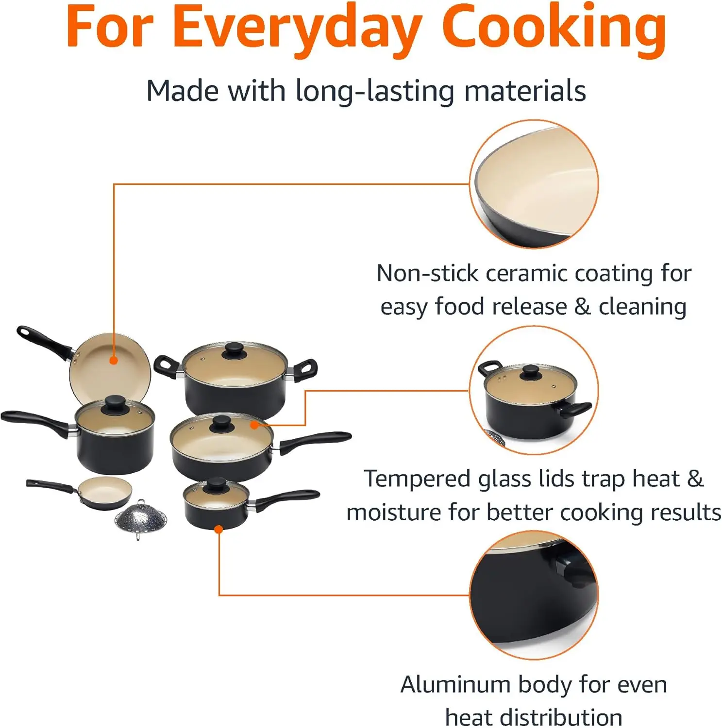 Ceramic Nonstick Pots and Pans 11 Piece Cookware Set, made without PFOA & PTFE, Black/Cream