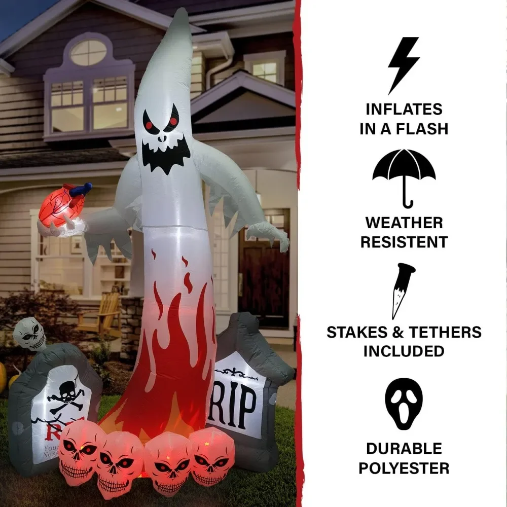 9-ft. Graveyard Ghost with Skulls Blow Up with Lights, Outdoor Halloween Inflatable Decoration for Lawn and Yard, Giant Spooky