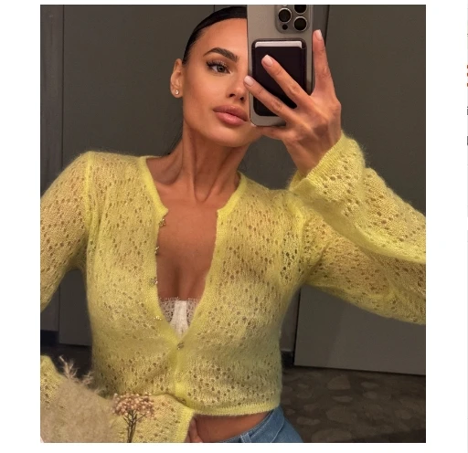 

2025 hot selling hollow pattern knitted cardigan casual slimming and versatile long sleeved jacket women's top
