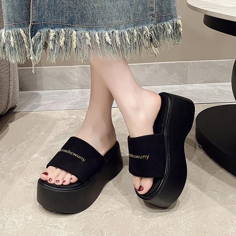 Summer Women Bling Flip-Flops Chunky Beach Shoes Ladies Wedge Heels Leather Slippers Woman Platform Slides Outside Sandals 7CM