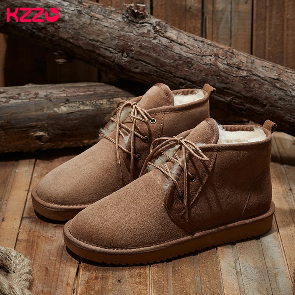 KZZO Real Sheepskin Leather Lace-up Ankle Short Snow Boots Men Winter Natural Sheep Wool Fur Lined Casual Warm Shoes Maroon