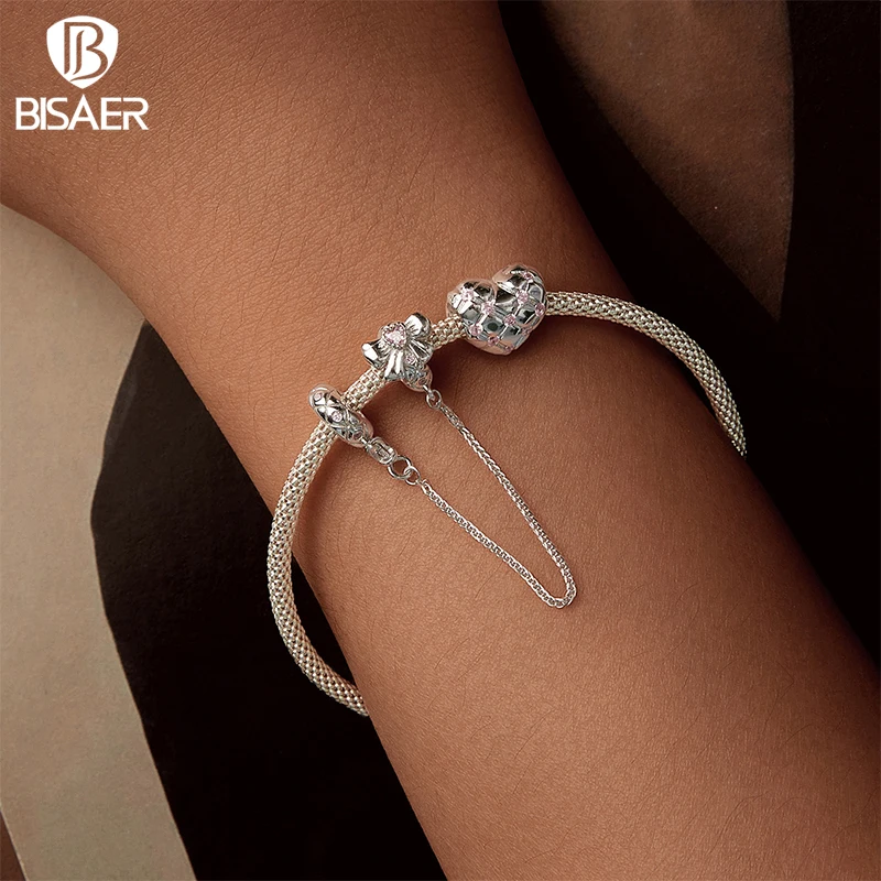 BISAER 925 Sterling Silver Romantico Fiocco di Fascino Arco Catena di Sicurezza Cuore di Silicone Modello di Diamante Perlina per Braccialetti Fai