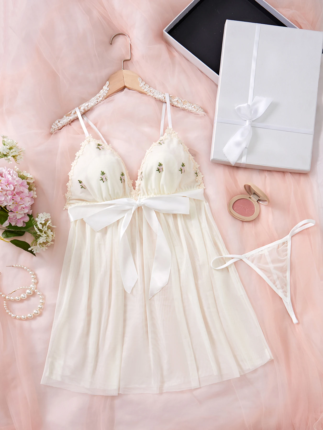 

Mesh Sexy Embroidered Lace Lace Dress Pure Lust Apricot Bow Tie Nightgowns