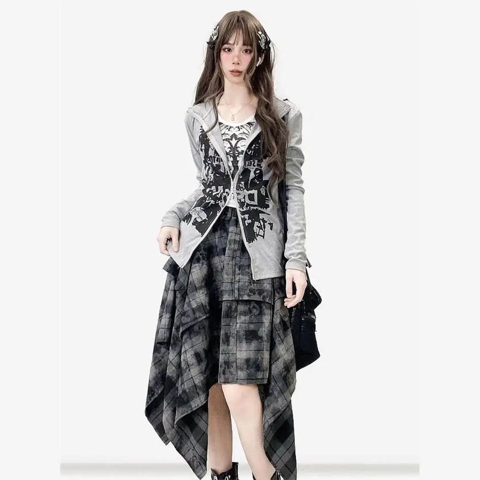 レトロタイダイアシンメトリーミディスカート、格子柄Aライン、伸縮性ウエスト、ミドル丈、女性用、秋シーズン、結び目付き