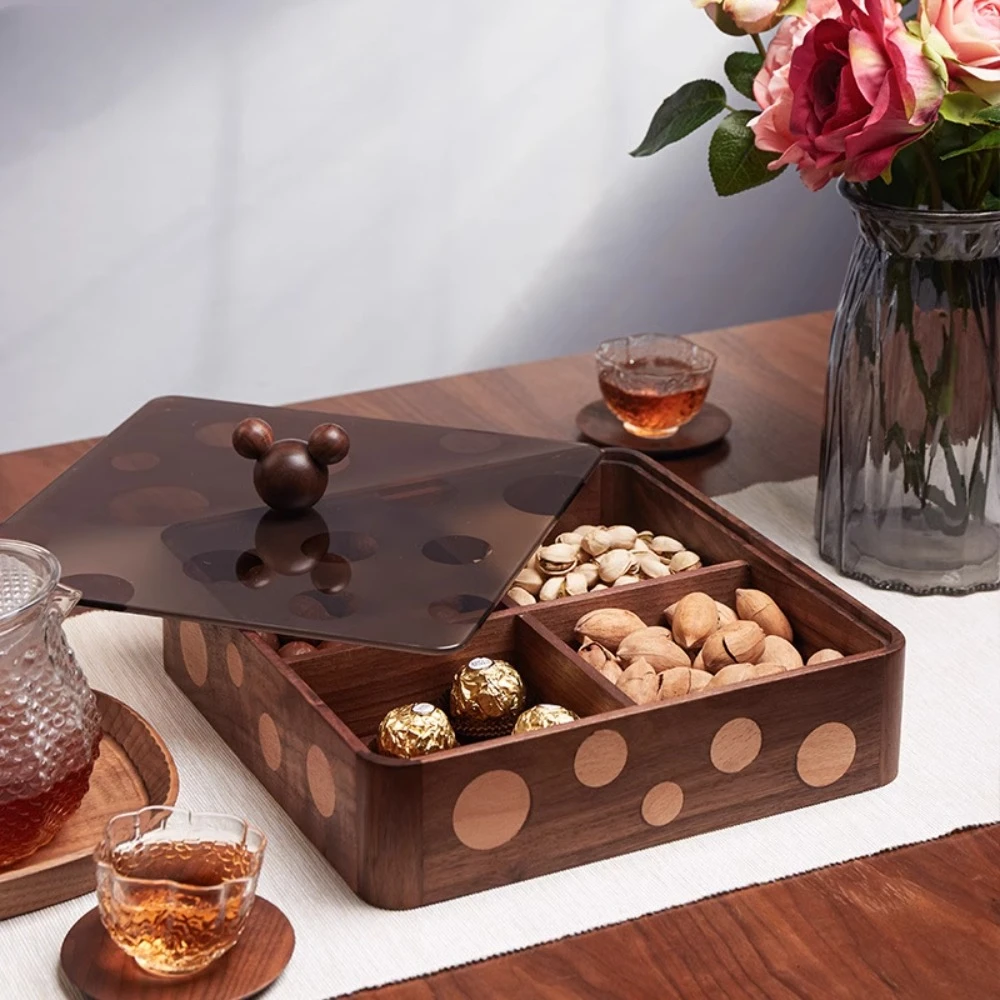 Wave-point fruit bowl tempered glass cover walnut dried fruit bowl storage good solid wood dried fruit box home snack box.