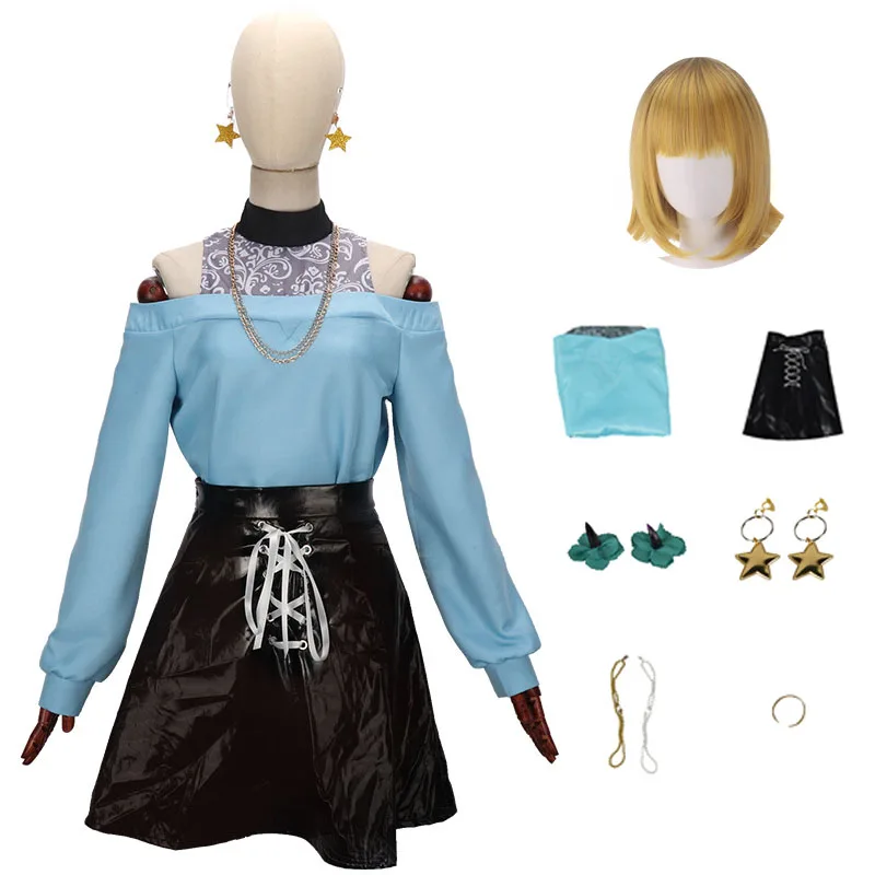 Oshi No Ko Anime Memu Cho Cosplay Kostuum Zwart Faux Lederen Rok Blauw Shirt Ketting Armband Oorbellen Hoofd Accessoire