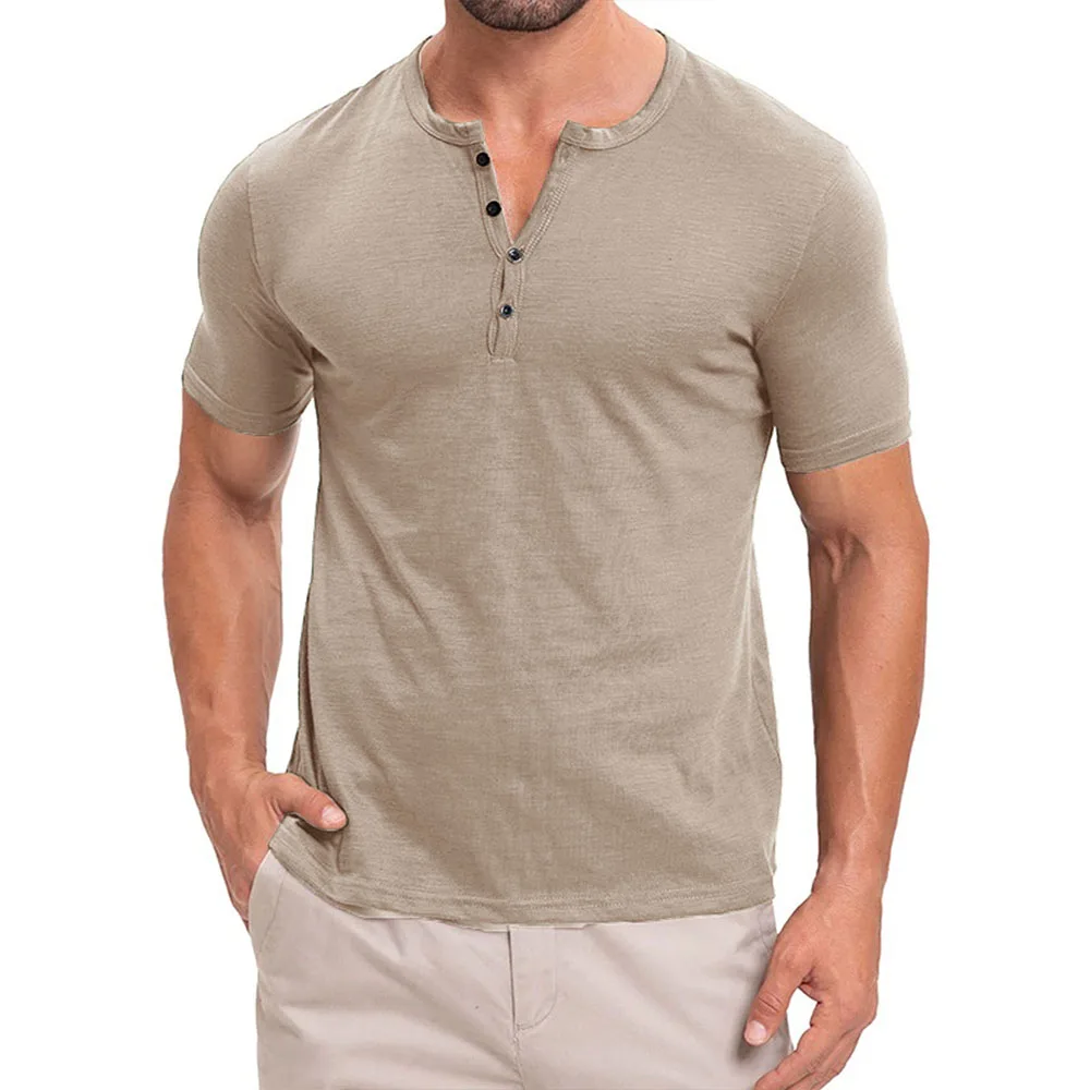 Novedad de verano, Camiseta de algodón para hombre, diseño de botones, camisetas de manga corta de Color sólido con cuello Henley, camisetas informales cómodas ajustadas