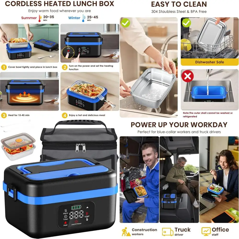 

Портативная электрическая грелка для обеда, изолированная коробка для еды емкостью 1 л со столовыми приборами и сумкой для еды на теле