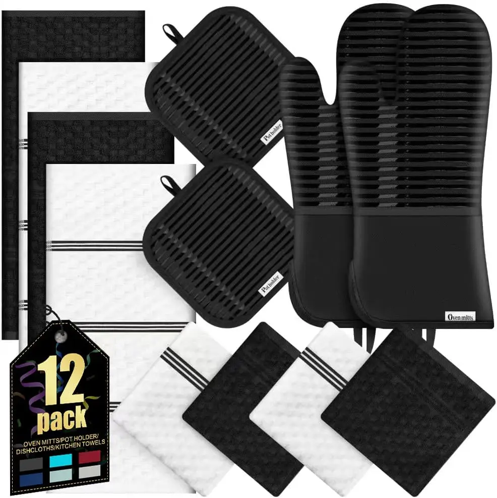 

Набор термостойких кухонных перчаток и полотенец с силиконовым покрытием, включает 2 перчатки/2 подставки под горячее/4 полотенца