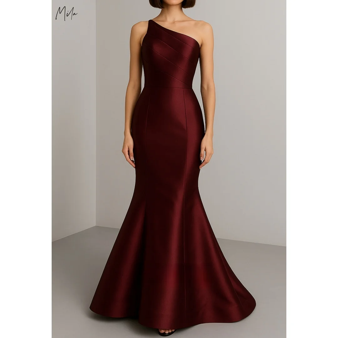 Mila-vestidos de graduación de satén con un solo hombro, color Burdeos, vestido largo de sirena, vestidos de noche formales personalizados, vestidos elegantes de gala para mujer