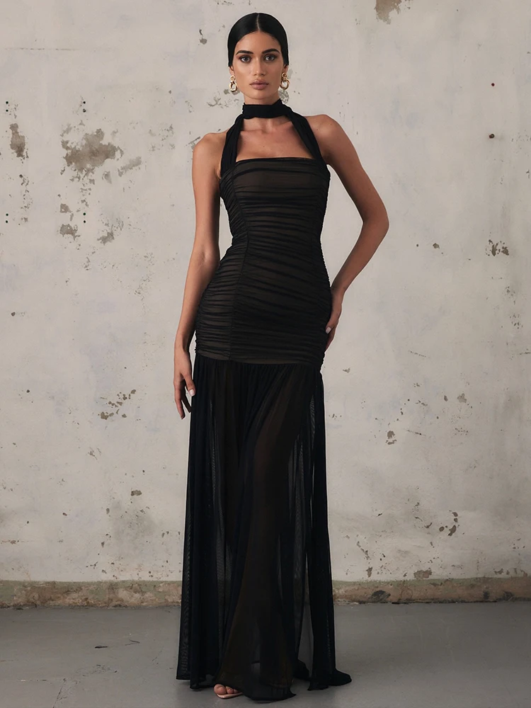 เดรสยาวรัดรูปผ้าตาข่ายซีทรูแบบผูกคอ สไตล์เซ็กซี่สำหรับฤดูใบไม้ผลิ เหมาะสำหรับงานปาร์ตี้ตอนเย็น งานกลางคืน และชุดเที่ยวพักผ่อน