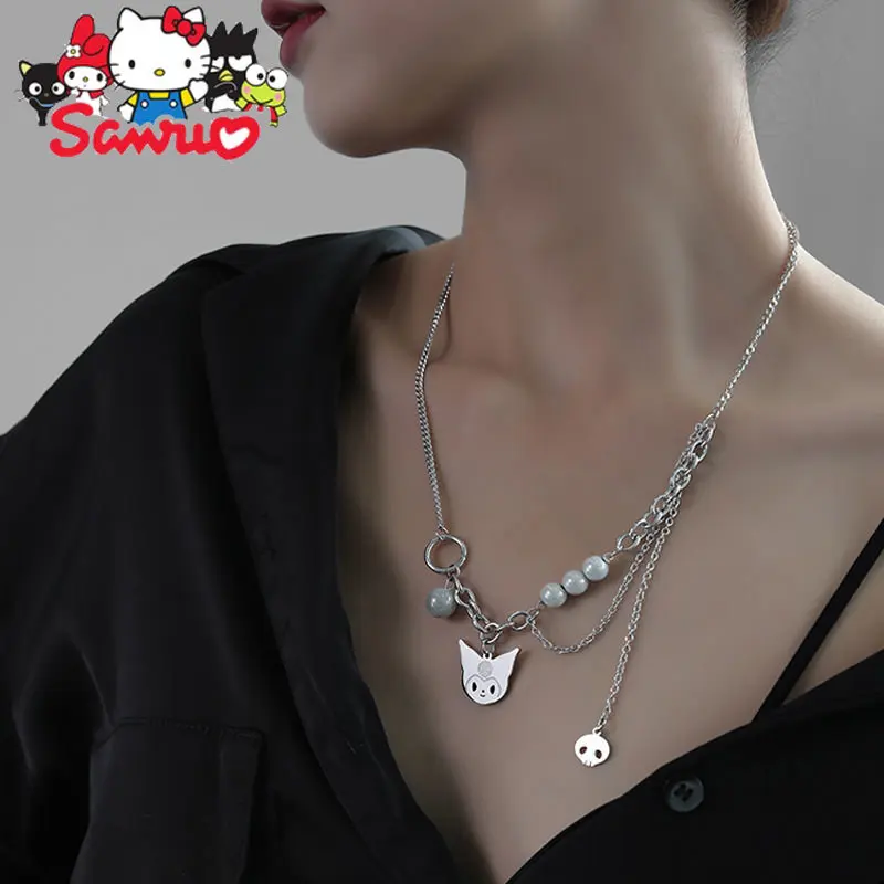 Sanrio Ins Kuromi Cinnamoroll Pearl Necklace Schoolgirl Paneled Reflective Statement Collarbone Chain Stylish Versatile Necklace