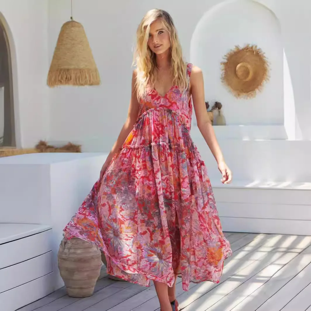 

Women Chiffon Slip Dress Bohemian High-waisted Hem Frilled Floral Print Open Back Elegant Flowing Summer Beach Resort