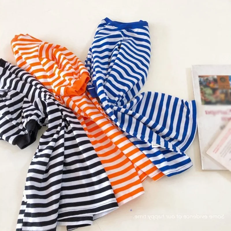 Toddler Girls Striped Dress O-neck Loose T-shirt Dress Children Outfits Half Puff Sleeve Long Length Pullover 3-8T