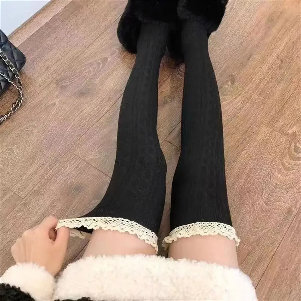 

Модные кружевные высокие носки до бедра в японском стиле JK Lolita, длинные носки, черно-белые вязаные чулки, осень-зима