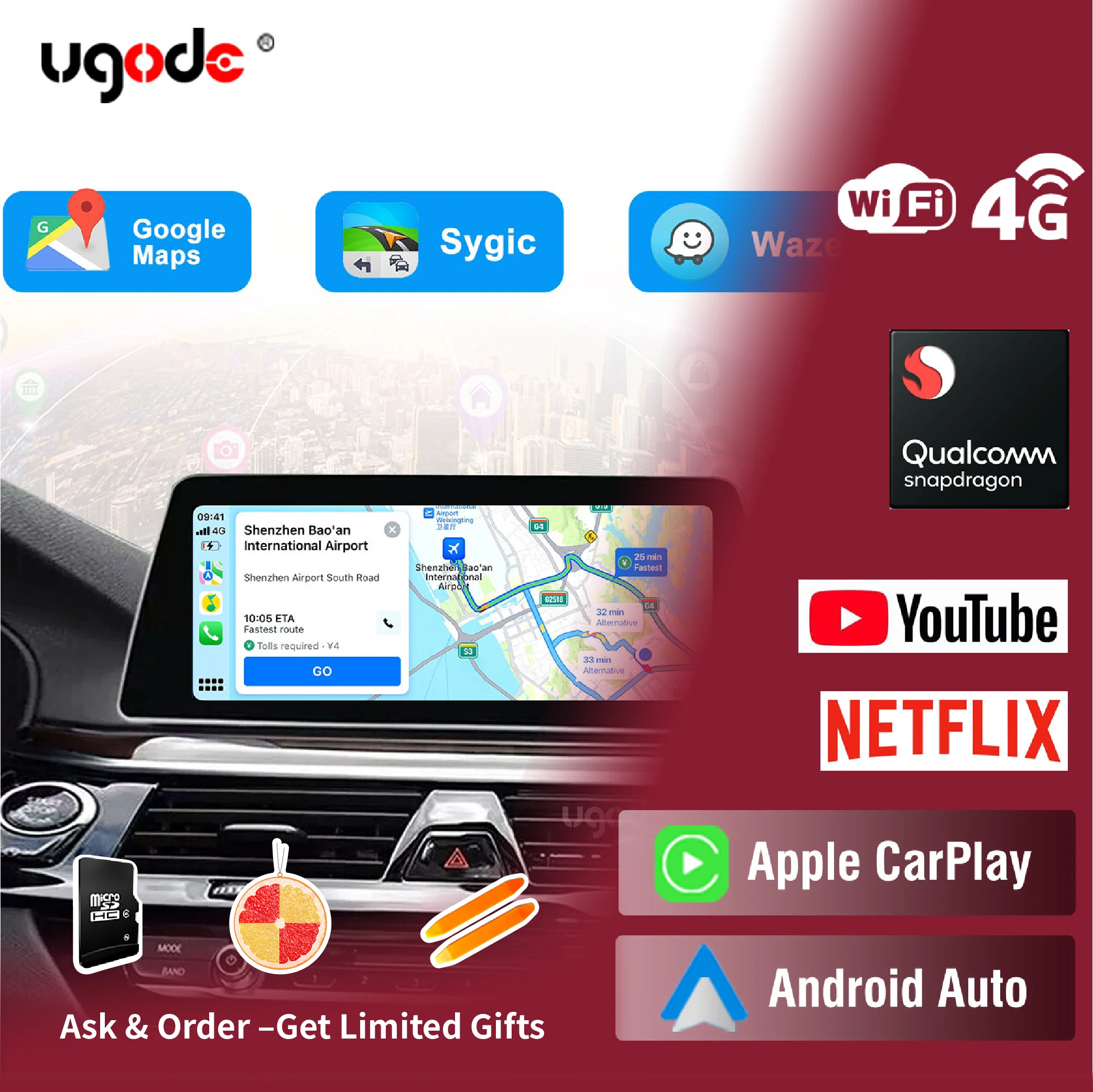 Ugode Android13 Qualcomm Snapdragon 680 Wireless Carplay Touch Screen for BMW 5 Series G30 G31 Car Multimedia Player Display GPS