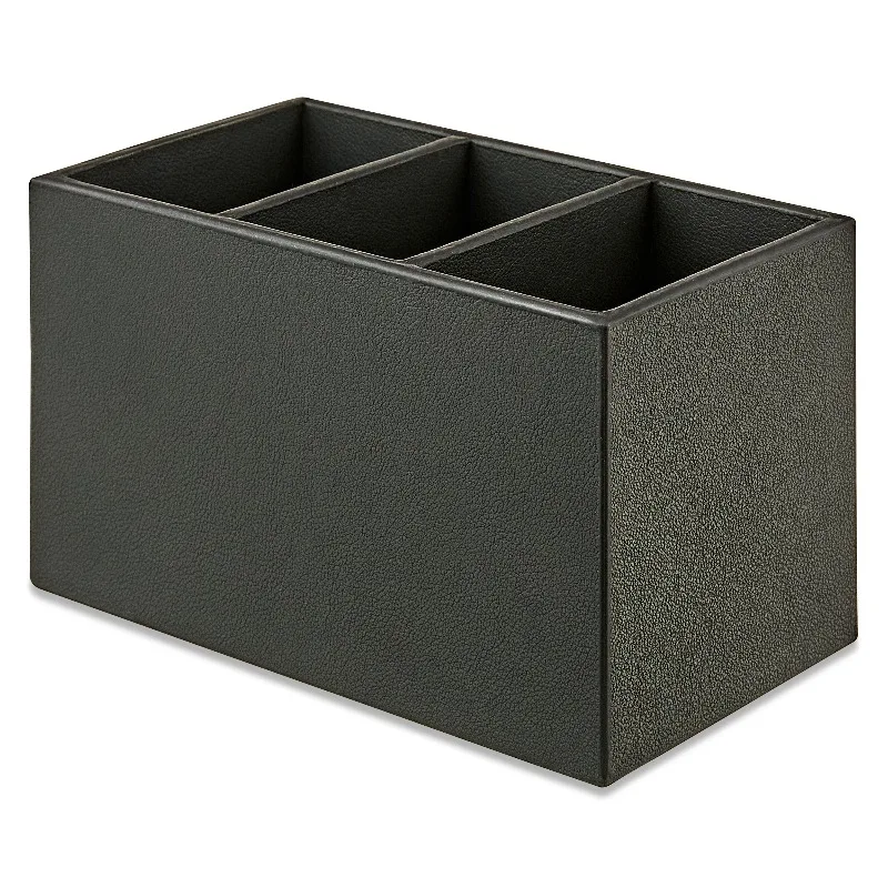 Simulated Leather Pencil Cup, 3 Compartments, Round Shape, Rich Black