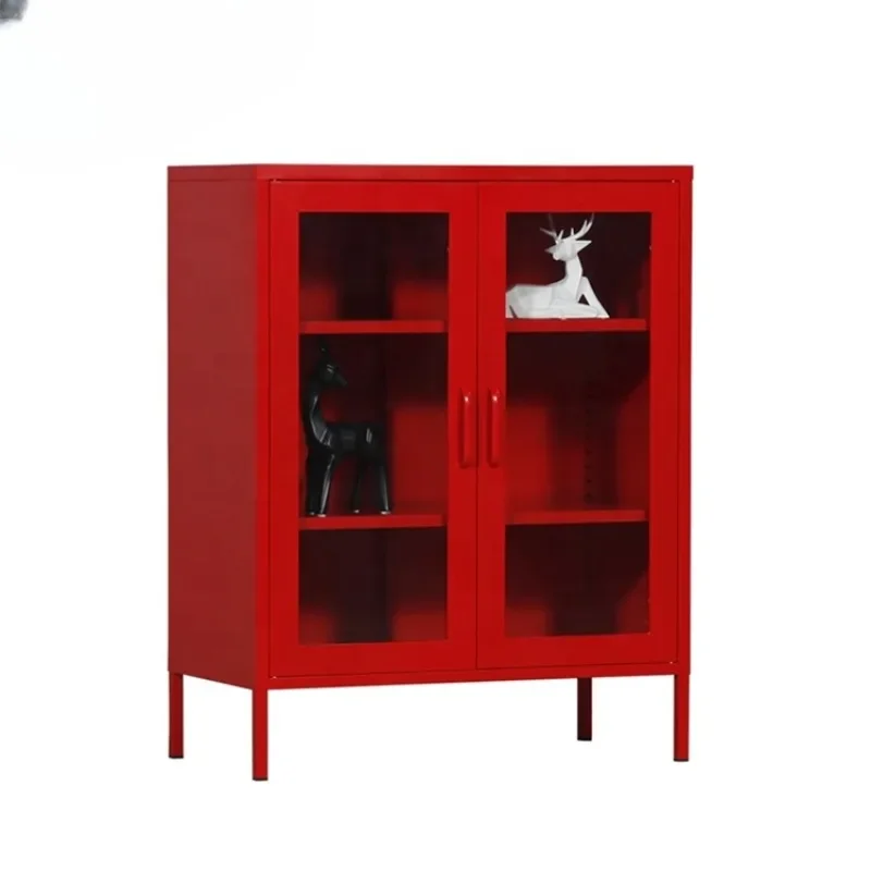 Red Buffet Sideboard China Home Furniture Factory Server Curio Display Glass Doors Metal Cabinet