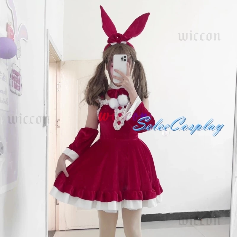 Sweet Lolita Bunny Girl Halloween Christmas Cosplay Costume Japanese Anime Pink Maid Lingerie Soft Velvet Rabbit Roleplay Outfit