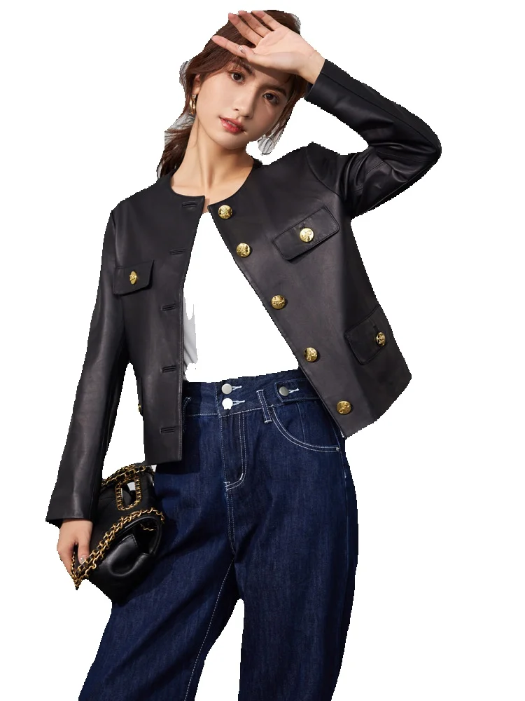 Seasonal New Short Round Neck Fashion Versatile Leather Sheep Belt Buckle Coat