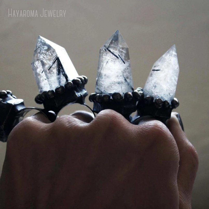 10pcs Tourmalinated Quartz Crystal Adjustable Ring Women Mens Wicca Gothic Grunge Goth Jewelry Witch Emo y2k Accessories