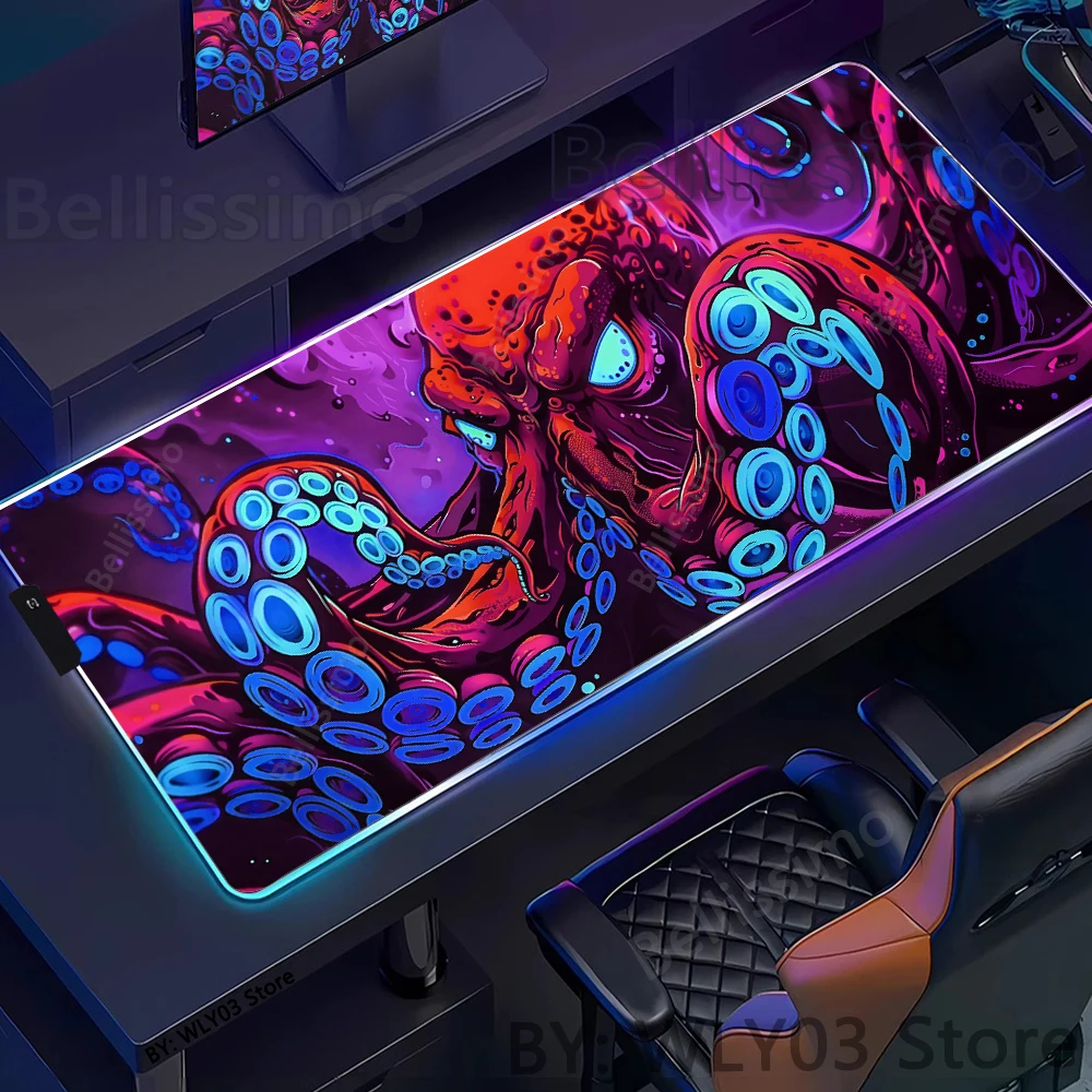 

Large RGB Oni Octopus Design Mouse Pad PC Desk Accessories HD LED Xxl Punk Extended DeskPad Computer Personality Carpets Playmat