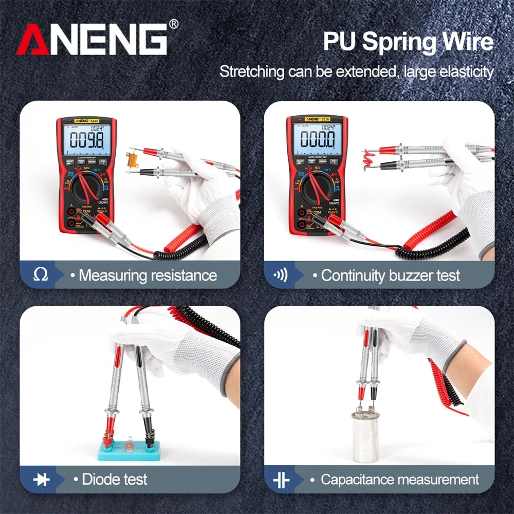 2PCS/Set ANENG PT2010 Digital Multi Meter Probe 20A 1000V Test Leads Spring Wire Needle Tip Universal Pens Multimeter Accessory