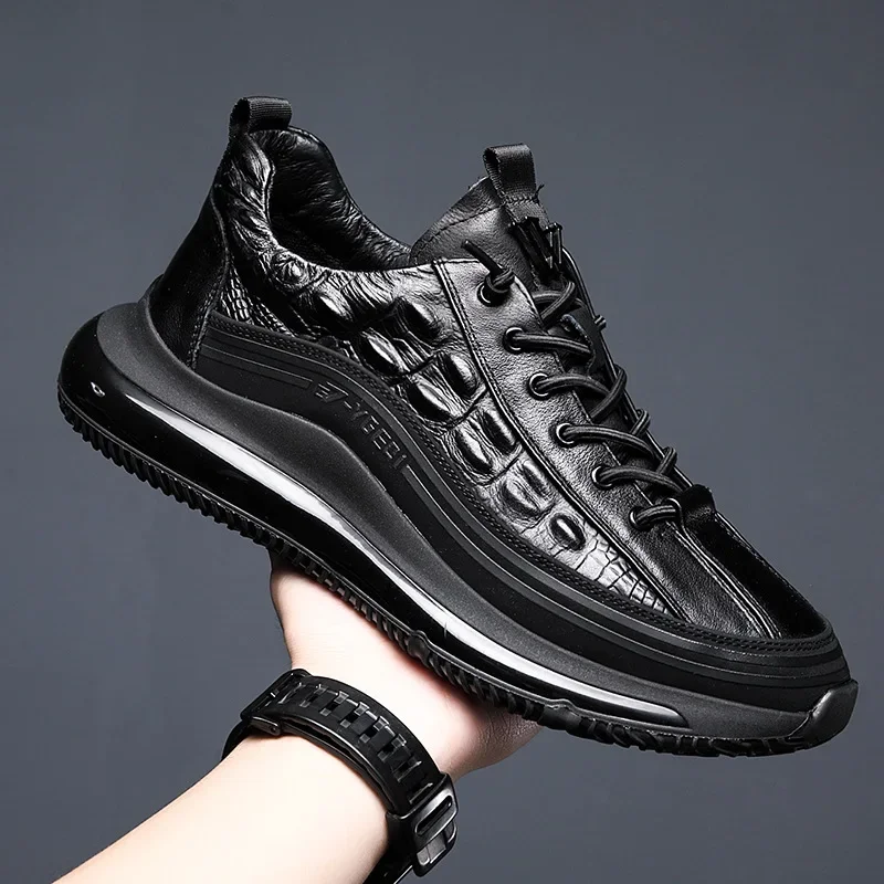 

High Quality Leather Shoes for Men Fashion Casual Sports Sneakers Men Autumn Winter Cowhide Crocodile Print Men Shoes Soft Sole