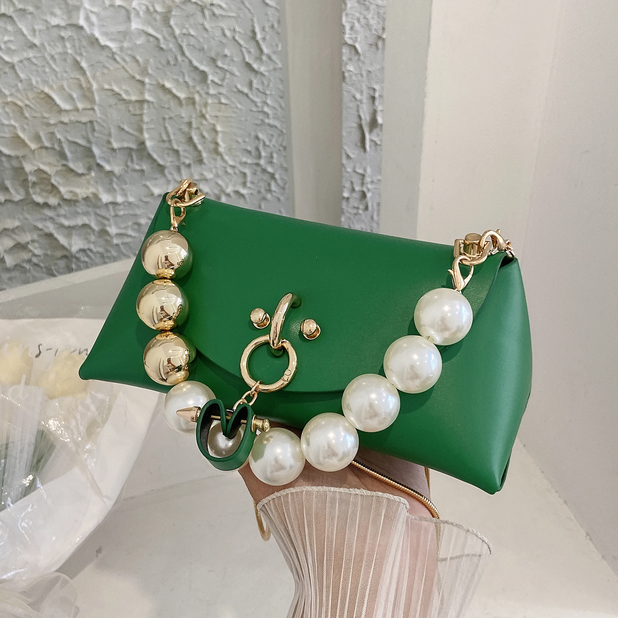 

Fashion Handbag Luxury Pearl Chain Clutch Bag Green Orange Handbag Red Wedding Purse Versatile Small Pu Leather Crossbody Bags