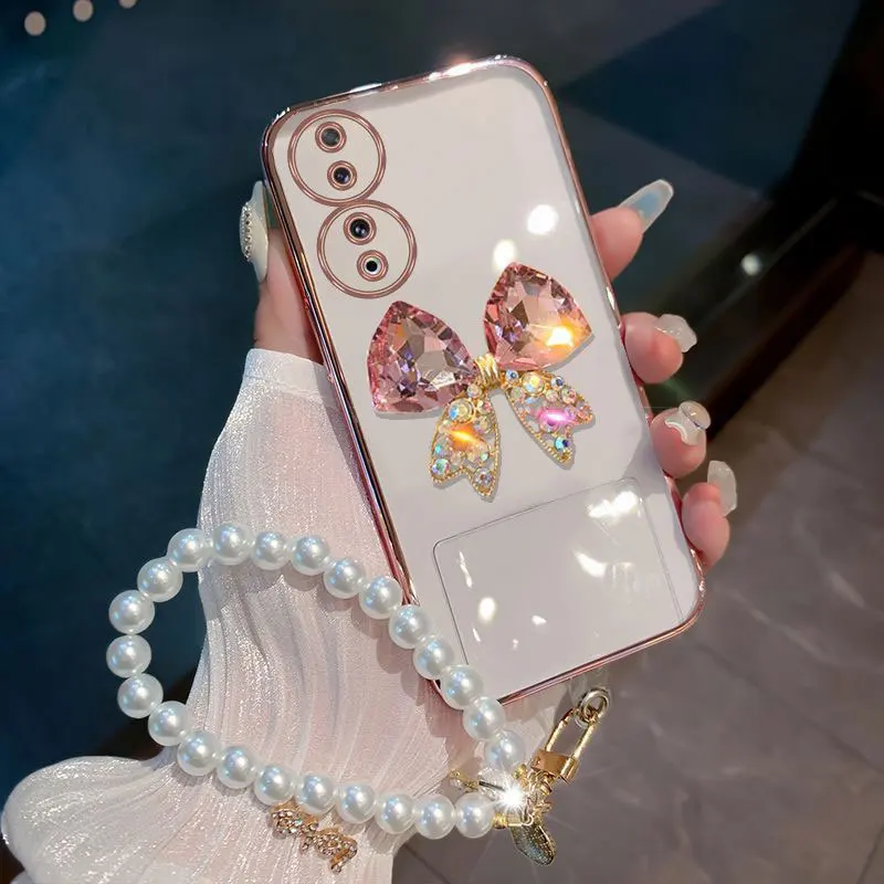 Honor 90 Case With Pearl Bracelet Butterfly Diamond Cover For Huawei Honor 90 Pro Lite Phone Case Luxury Shockproof TPU Coque