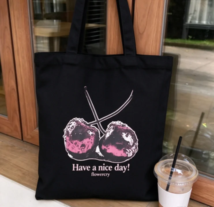 2026 new Best‑Seller‑Trending‑Cute‑Cherry‑Illustration‑Have‑a‑Nice‑Day Print High‑Quality Canvas Tote Bag