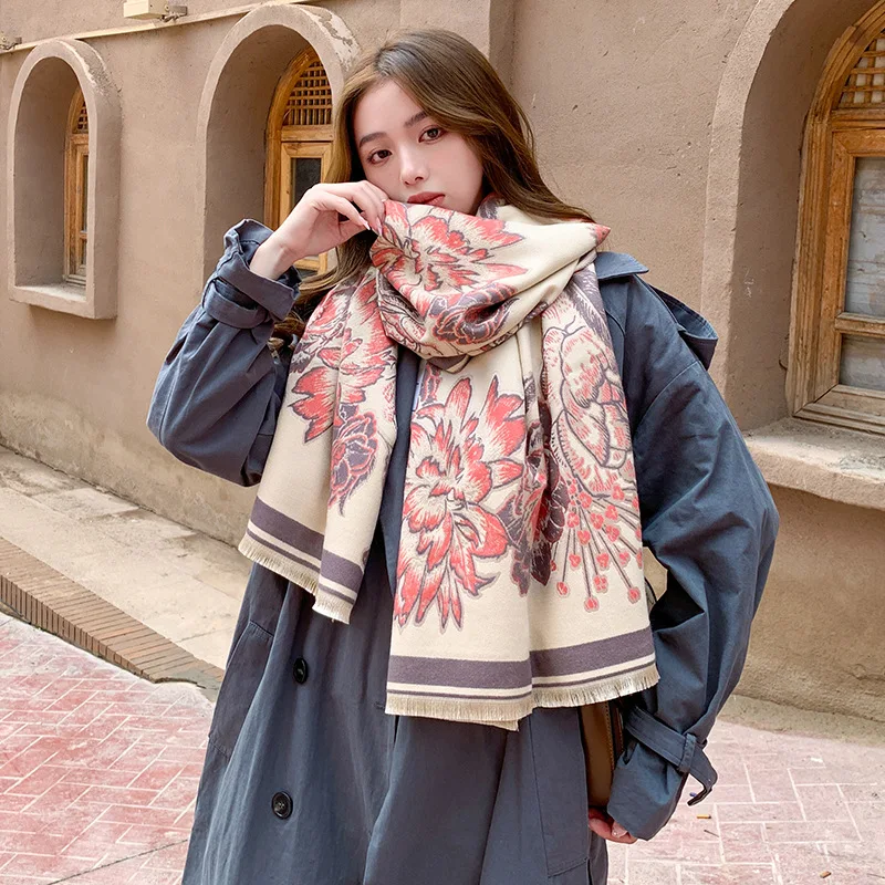 

2023 Winter Wraps Double Sided Cashmere Scarf Women Print Shawl Pashmina Blanket Thick Warm Female Neckerchief Hijab Bufanda