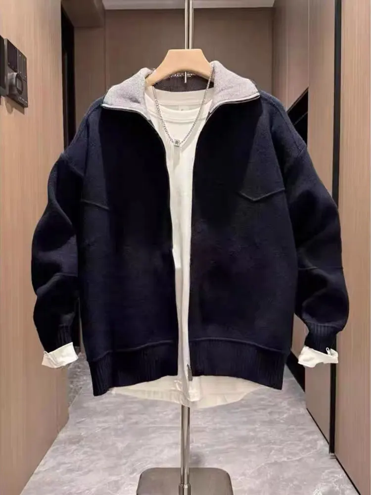 

Осень-зима, новый мужской джемпер с воротником-стойкой, повседневный вязаный топ, молодежный простой открытый кардиган для отдыха, теплая верхняя одежда