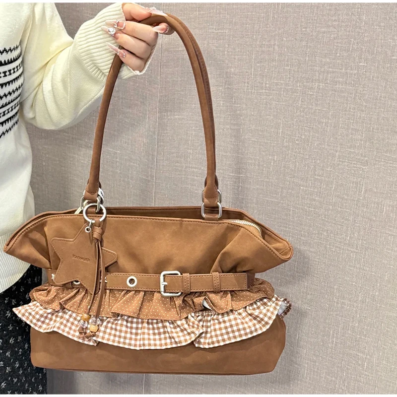 Women's Balletcore Tote Bag, Polka Dot & Plaid Pattern, Large Capacity Niche Design Shoulder Handbag,Aesthetic Daily Commute