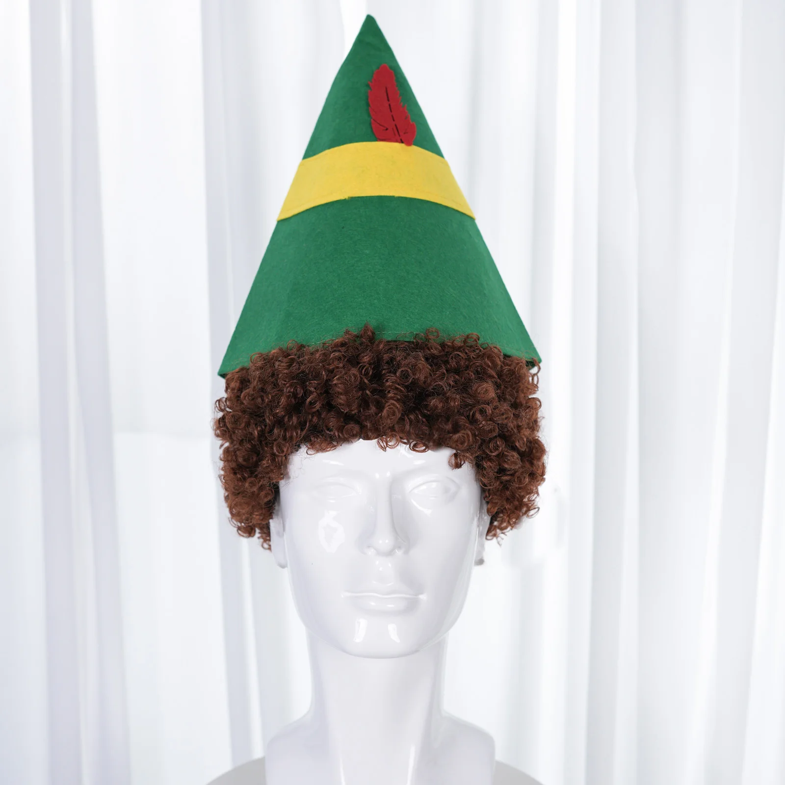 

Синтетический коричневый вьющийся парик для вечеринки в сочетании с зеленой шляпой эльфа С пышной текстурой, для модных мероприятий и веселых вечеринок.