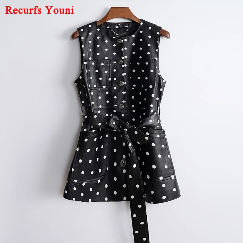 Genuine Leather mini Dress for Women French Round Neck Sleeveless Small Dots Slim Skirts Retro Floral Buttons Vestidos Cortos